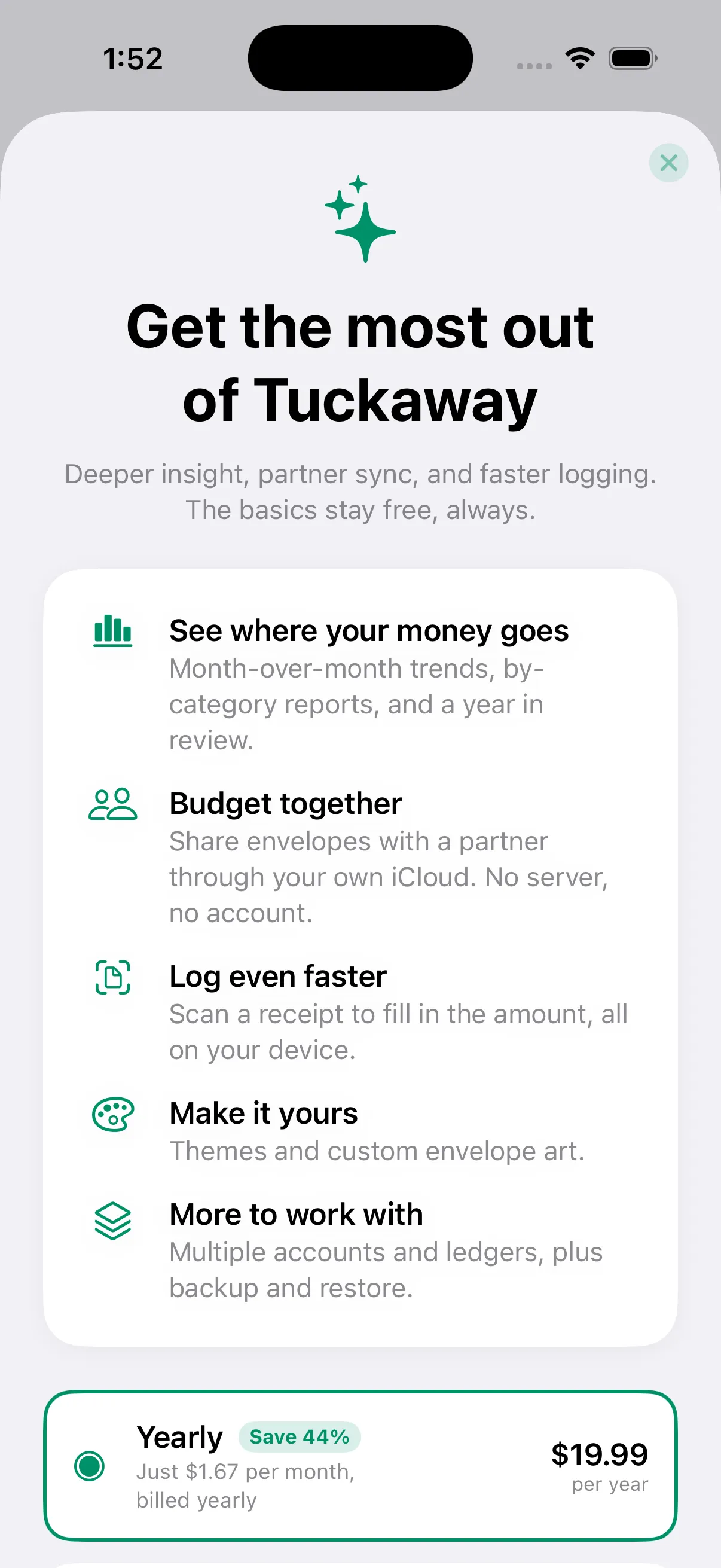 Tuckaway premium screen listing reports, partner sync, and receipt scan