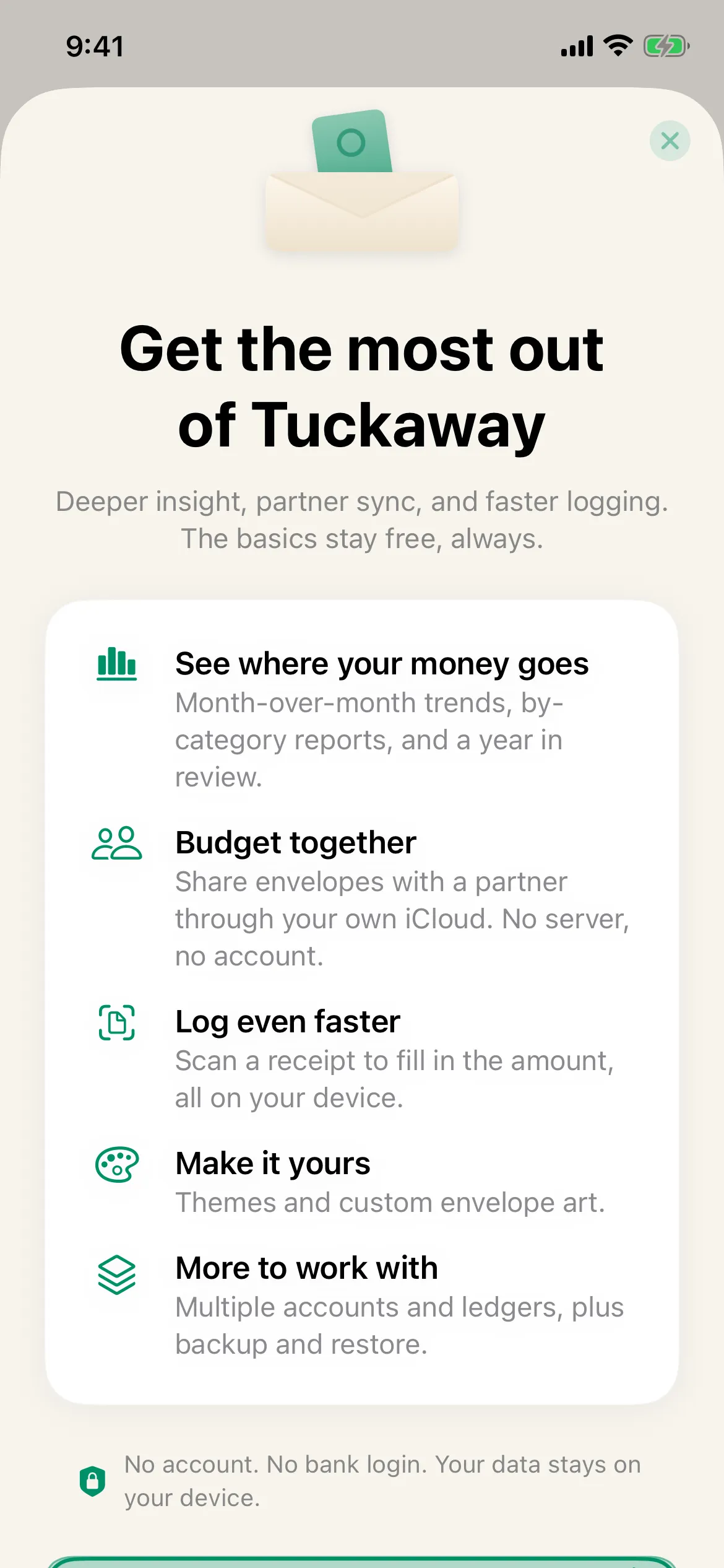 Tuckaway premium screen listing reports, partner sync, and receipt scan