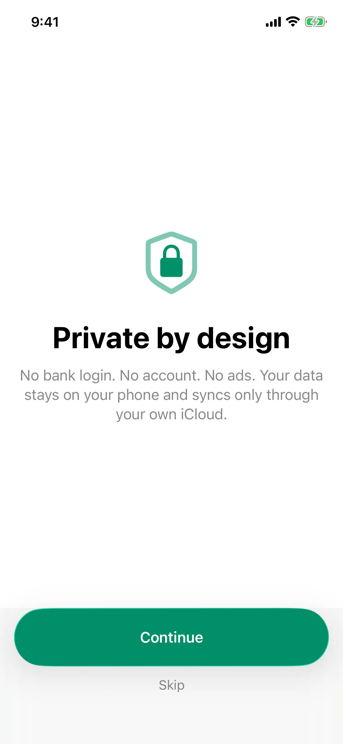 Tuckaway onboarding explaining that your data stays on your phone